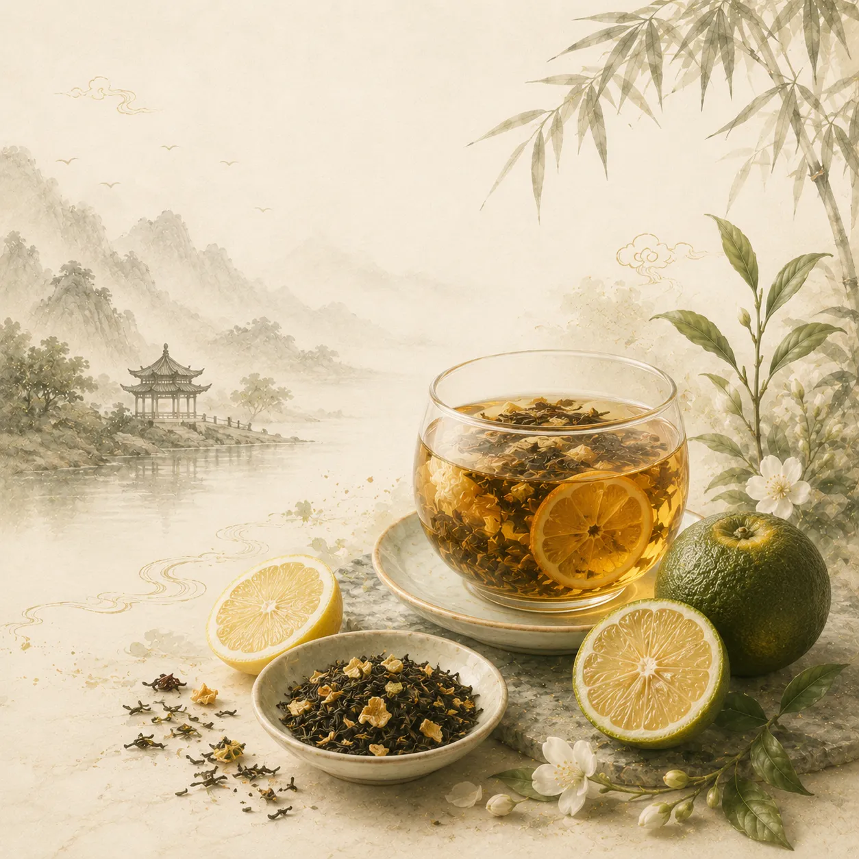 Green mandarin lemon tea category background with citrus, amber tea, black tea leaves, and Chinese ink-wash landscape